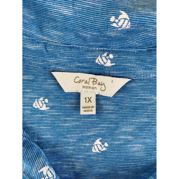 Coral Bay Women's Blue Fish Print Polo Shirt Size 1X Short Sleeve Collared - Picture 3 of 9